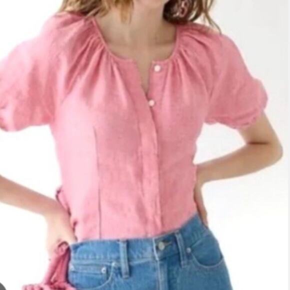 J. Crew Pink Linen Button Front V Tie Back Puff Sleeve Top 2 - Picture 1 of 13